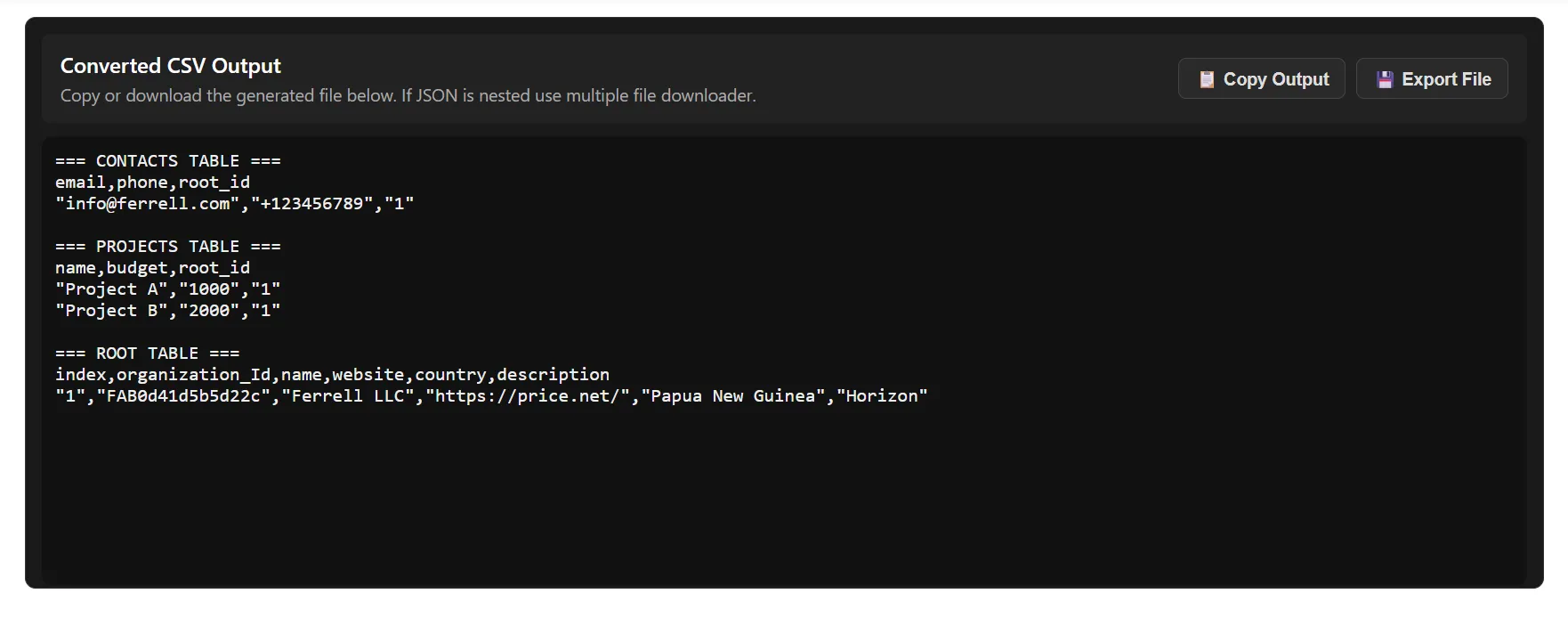 CSV File Output Example